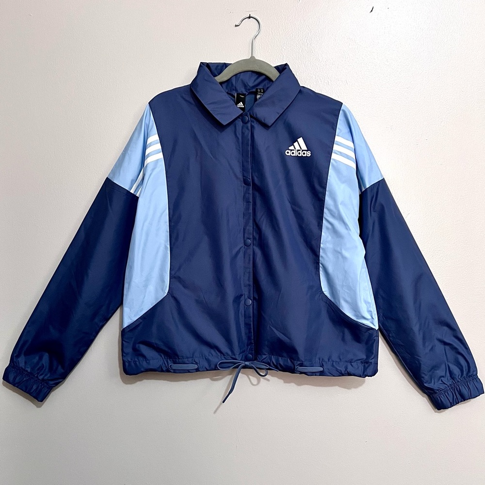 NWT Adidas Originals White 3-Stripes Coaches Jacket in Dual Blue Tones MSRP$65💙